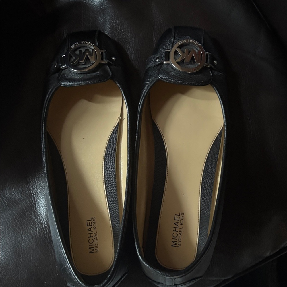 Michael Kors Black Leather Flats with Gold Accent